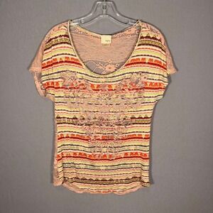 Affliction Style Y2K Boho Tribal Stripe Lace Back Bling Accented Top Pink Small